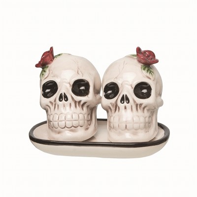 Transpac Ceramic Flower Skull Salt and Pepper w/Tray Set of 3 Home Decorations Halloween