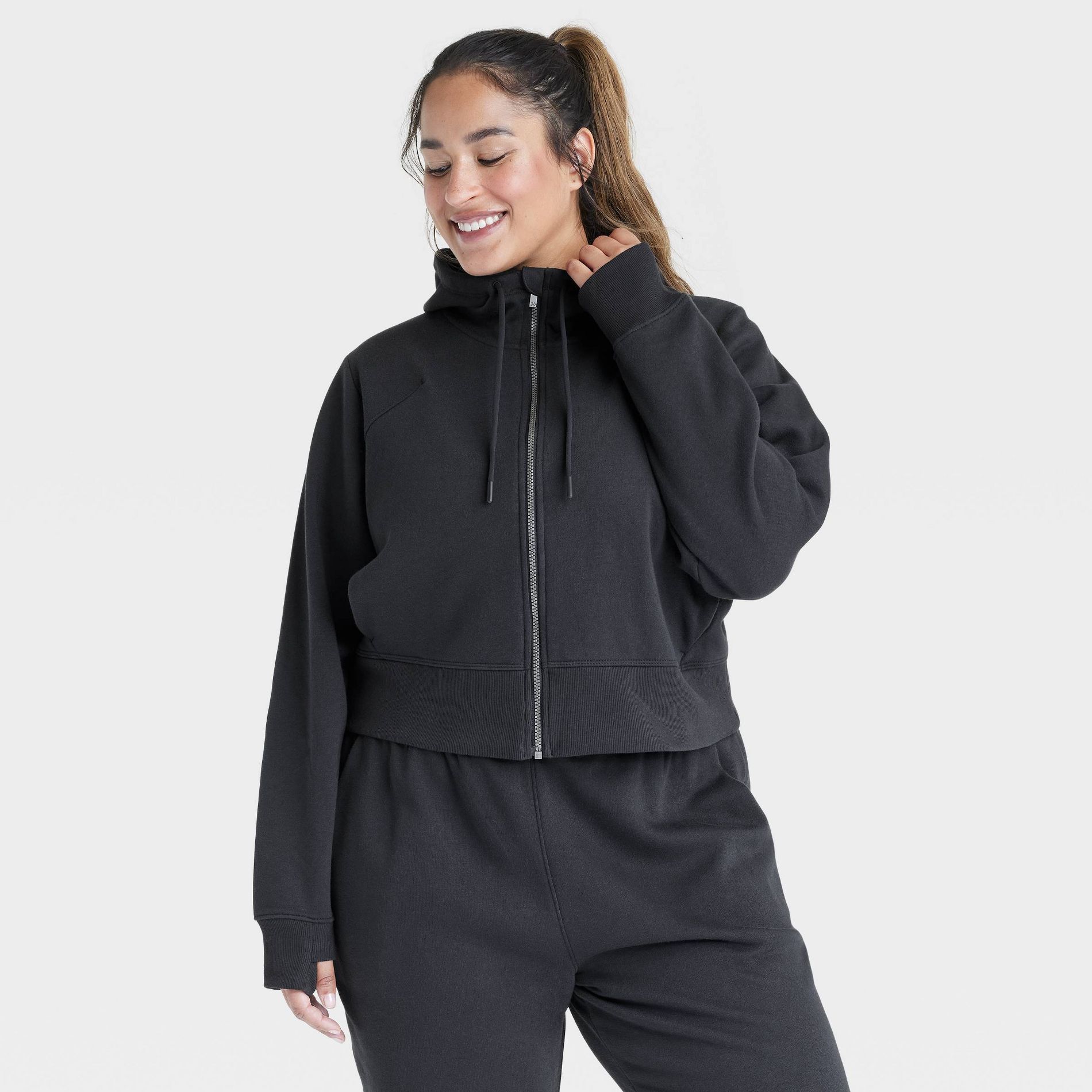 Women's Fleece Full Zip Hooded Sweatshirt - All In Motion™ Black L: Relaxed Fit, Seam Pocket, Thumbholes