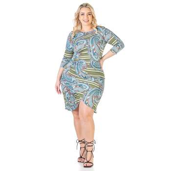 24seven Comfort Apparel Paisley Plus Size Elbow Sleeve Ruched Knee Length Dress