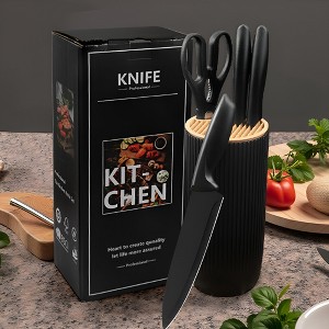 6-Piece Black Kitchen Knife Set, Stainless Steel Knives for Kitchen with Cylindrical Knife Block - 1 of 4