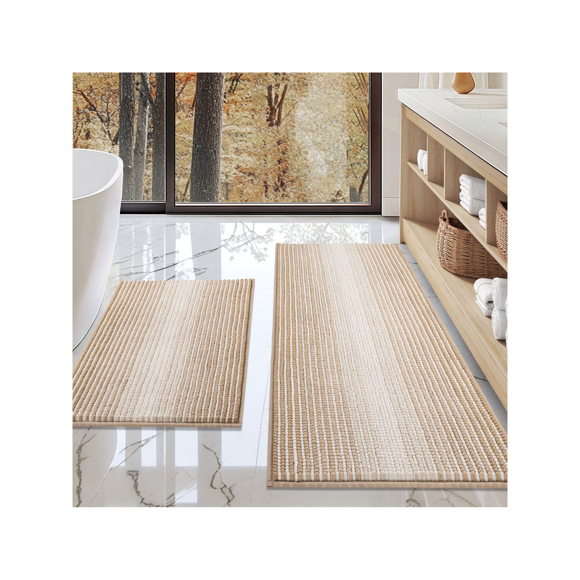 Thick Chenille Bathroom Rugs Sets 2 Piece, 20" x 47" and 16"x 24" Absorbent & Non-Skid Bathroom Rug Set - Beige