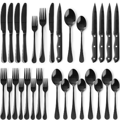 LunaLulinlk 25-Pieces Black Silverware Set with Steak Knives, Black Flatware Set for 4
