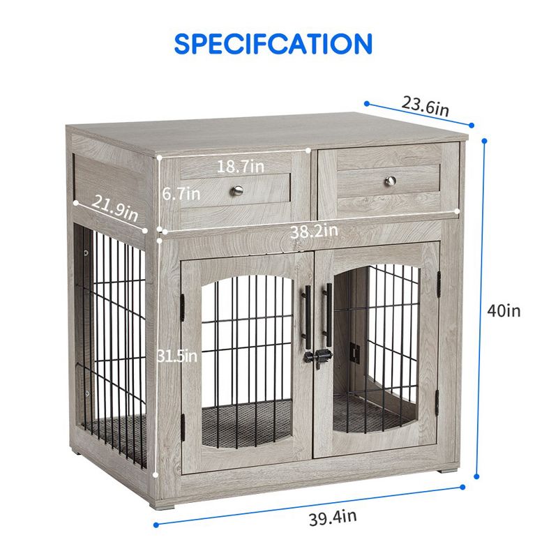 Dog Crate Furniture with 3 Doors,39.4" Large Dog Crate with 2 Drawer & Cushion,Wooden Dog House Kennel for Medium/Large Dog, 3 of 6