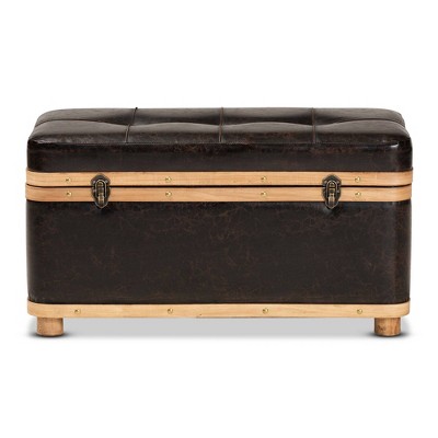 Dark Brown Faux Leather Tufted Storage Footstool with Oak Wood Bands