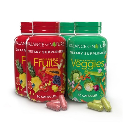 Balance of Nature Fruits & Veggies - Whole Fruit and Vegetable Ingredients for Women, Men, and Kids - 90 Fruit Capsules, 90 Veggie Capsules - 2 Sets