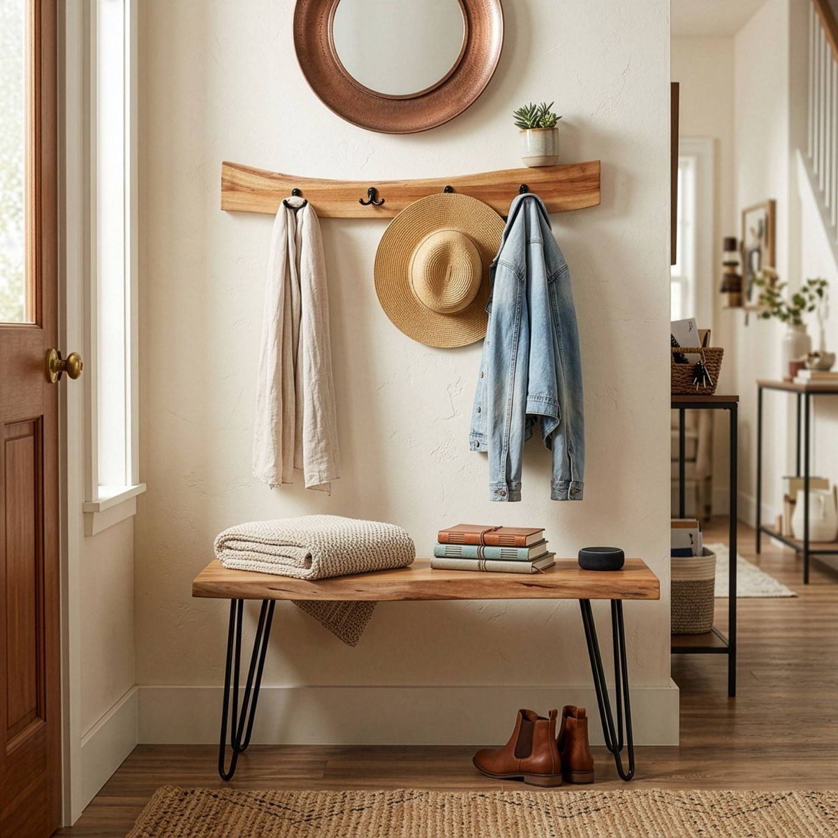 36" Hairpin Live Edge Wood Bench with Coat Hook Set Natural - Alaterre Furniture - thumbnail 3