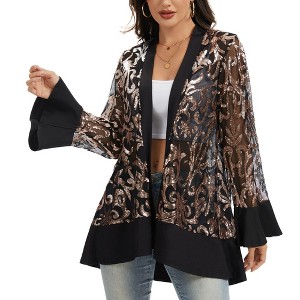 Anna-Kaci Women’s Sequin Mesh Cardigan with Sheer Embellished Sleeves and Flowing Open Front Design for Layering Style - 1 of 4