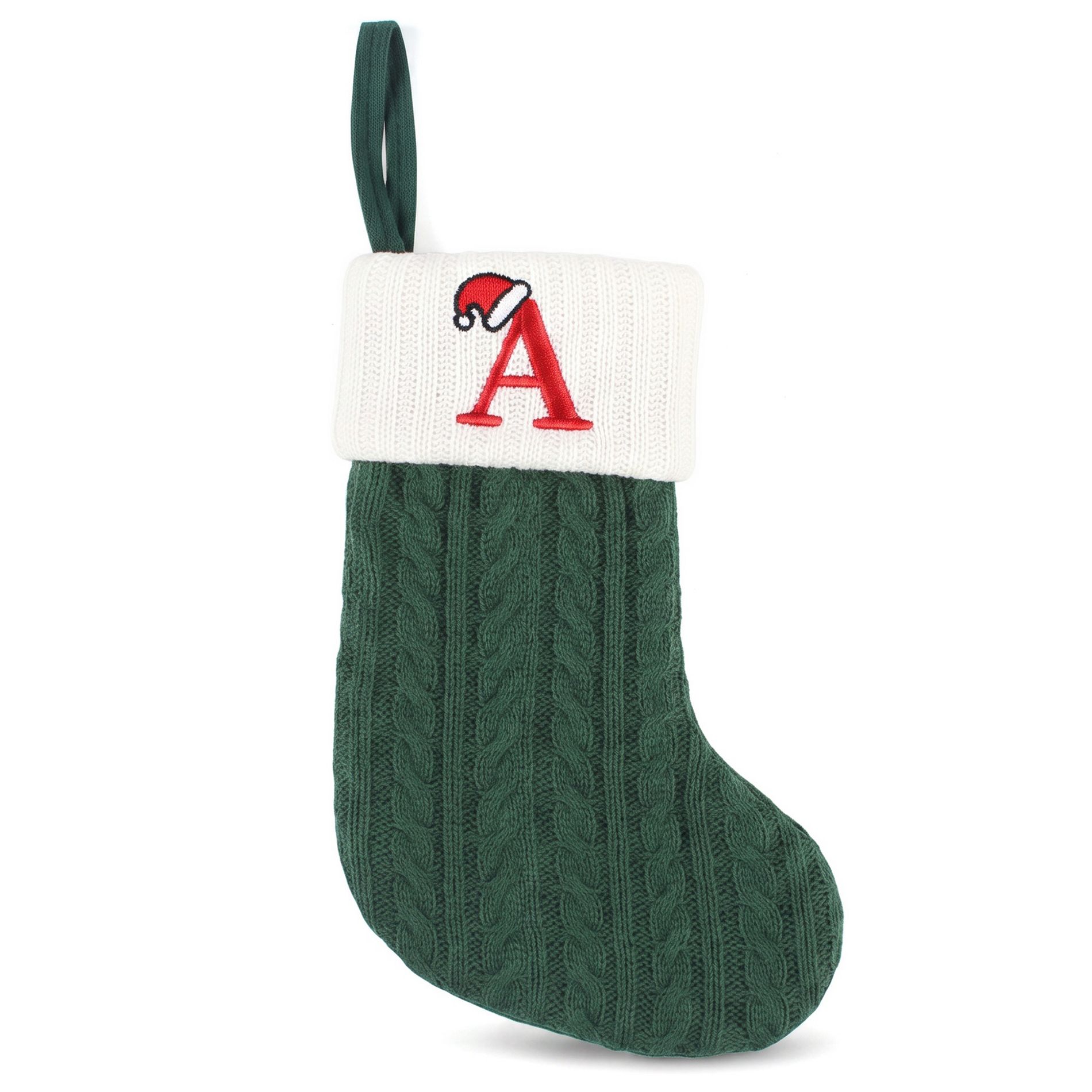 REGALWOVEN Cartoon Cable Knit Monogram Christmas Stocking with Santa Hat Embroidery 1Pc 7.9'' x 5.9''