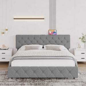 OLRIK Full Bed Frame with Charging Station Wooden Platform with Adjustable Headboard Noise Free, No Box Spring Needed, Easy Assembly,Light Grey - 1 of 4