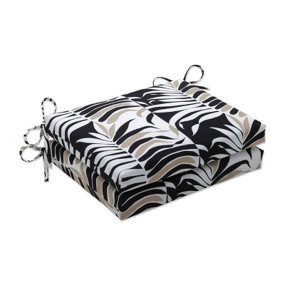 2pk Outdoor/Indoor Squared Chair Pad Set Palm Stripe Black/Tan - Pillow Perfect