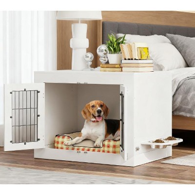 Dog Crate Furniture with 360¡ã Rotatable Removable Bowls, Modern Wooden Pet Kennel End Table for Small & Medium Dogs, White - Nertpow