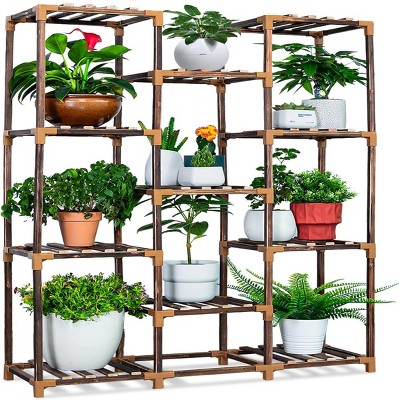 SEVOBAL Plant Stand Indoor Homroll Large 11 Tier Tall Carbonized Wood Plant Stands Shelf for Outdoo Durable and DIY Plant Holder Multi Flower Stands