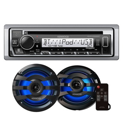Kenwood KMR-D382BT Marine CD Receiver Compatible w/ Bluetooth with 1 Pair of KFC-1673MRBL 6.5" 2-way Marine Speaker W/ LED (Black)