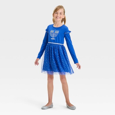 Cat & Jack - Brandclub - Girls' Long Sleeve Hanukkah Tulle Dress - Cat  & Jack™ Blue XS
