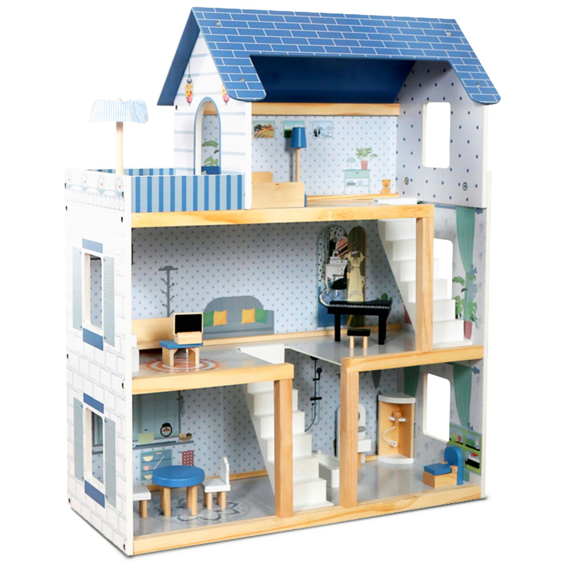 Lil’ Jumbl Large Wooden Dollhouse, 3 Story Doll House with Furniture, Stairs & Accessories