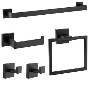 Itopfox 5 Piece Matte Black Bathroom Hardware Set 16 Inch Towel Bar SUS304 Stainless Steel Wall Mounted Kit with Towel Ring Hooks - 1 of 4