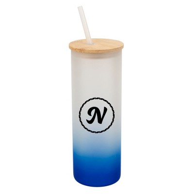 Elanze Designs N Monogram Letter Initial Rope Circle Wrap-Around Design 25 Ounce Frosted Gradient Glass On-The-Go Coffee Travel Skinny Tumbler Mug