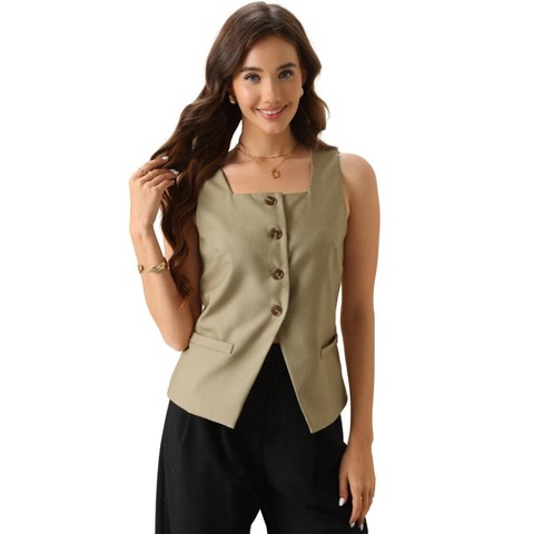 INSPIRE CHIC Women's Office Vest Square Neck Dressy Suit Waistcoat Khaki Large