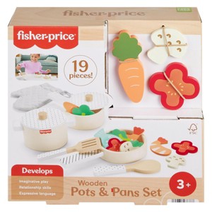 Fisher-Price Wood Kitchen Pretend Play Toy Pots & Pans Set, 19-Piece Playset Wooden, Metal & Fabric for Preschool Kids Ages 3+ Years - 1 of 3