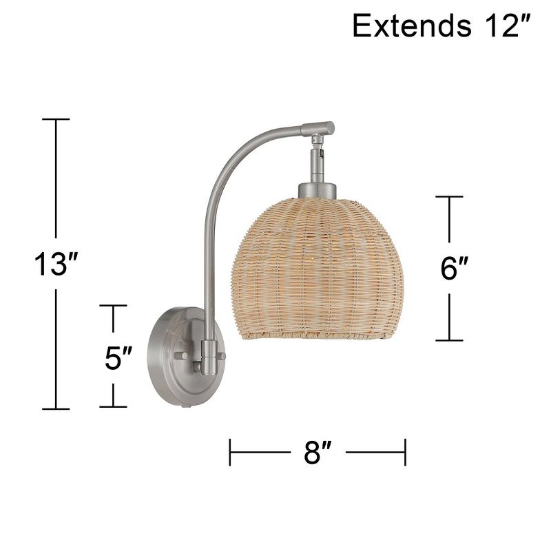 360 Lighting Jojo Modern Wall Lamps Set of 2 Brushed Nickel Metal Plug-in 8" Light Fixture Swing Arm Natural Wicker Shade for Bedroom Living Room, 4 of 9