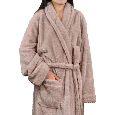L/XL Nude Plush Fleece Shaggy Bathrobe with Pockets