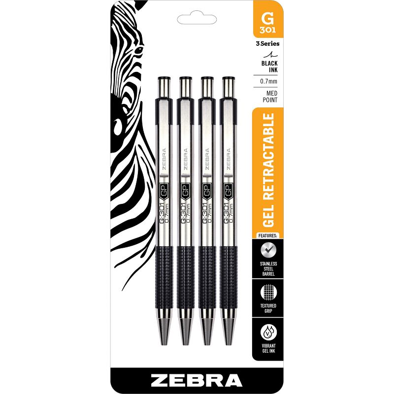 Zebra 4ct Gel Pens 0.7mm G-301 Stainless Steel Black, 1 of 4