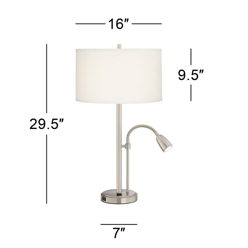 Possini Euro Design Traverse Modern Table Lamps Set of 2 29 1/2" Tall Brushed Nickel with USB Charging Port LED Gooseneck White Drum Shade for Desk, 4 of 10