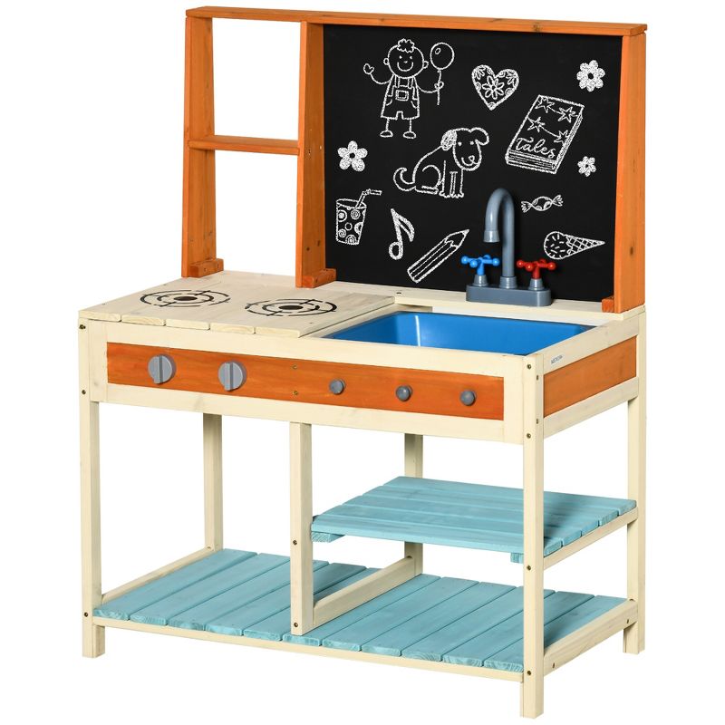 Qaba Kids Kitchen Playset, Wooden Pretend Play Kitchen Toy Set for Toddlers with Chalkboard, Removable Sink, Faucet, Storage Shelves, for 3-8 Years, 4 of 7