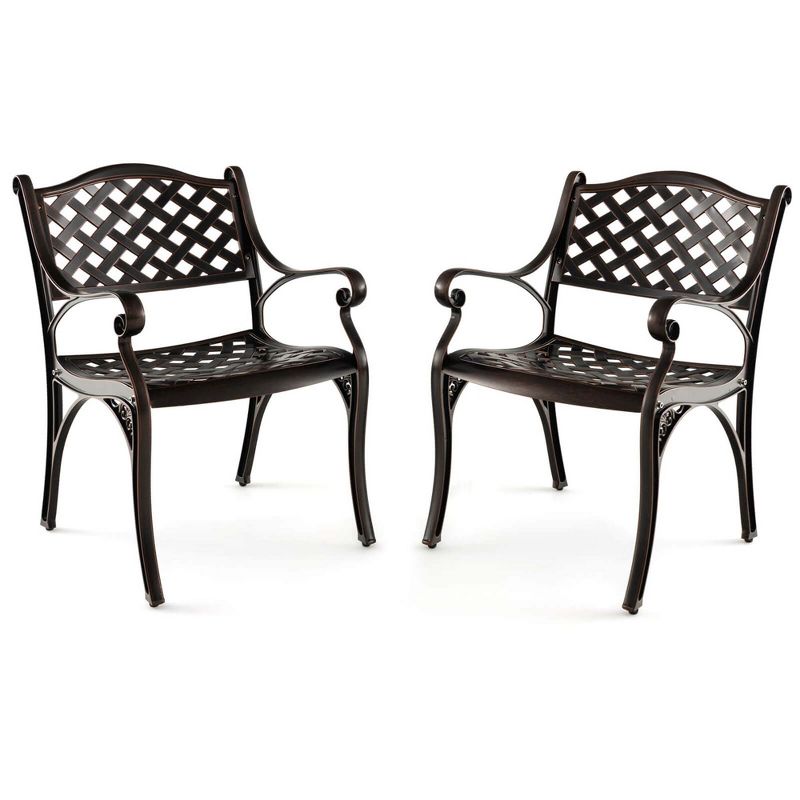 Costway 2/4 PCS Cast Aluminum Patio Chairs Set of 2 All Weather Outdoor Dining Chairs with Armrests Bronze, 2 of 10