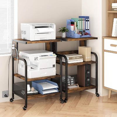Printer Stand, Large Printer Table with Power Outlets and USB Ports, Mobile Printer Stand, 3 Tier Rolling Printer Cart with Adjustable Storage Shelf