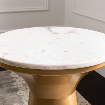 Transitional 16" Round White Marble & Brass Pedestal End Table