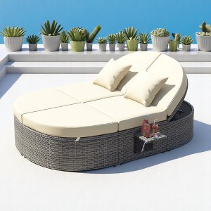 Convertible Outdoor Patio Daybed with Retractable Canopy, Foldable Side Trays, Cushions, and PE Wicker Rattan Frame - 1 of 4