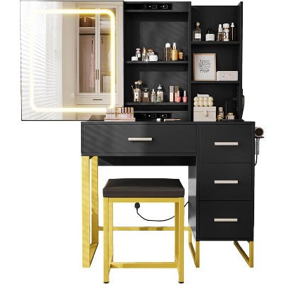 Bedroom Makeup Vanity Desk Set: Sliding LED Lighted Mirror, USB Charging Station, 4 Drawers, 5 Shelves + Cushioned Stool