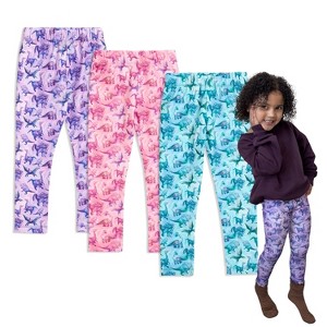The Pink Picket Fence Girls’ 3-Pack Dino Leggings – Dinosaur Print Sensory-Friendly Pants – Pack of 3 Super Soft Leggings in Purple, Blue and Pink - 1 of 4