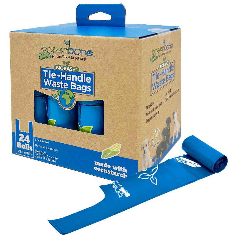 Greenbone Bio Base Tie Handle Bags 24 rolls - 288 refills Leak Proof, 2 of 5