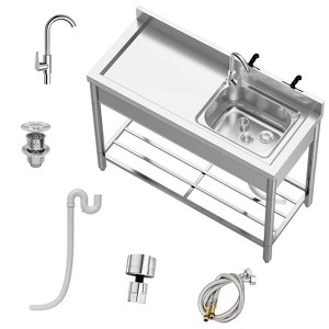 47.2"x19.7"x37" Stainless Steel Utility Sink, Freestanding Single Bowl with Pull-Out Hot & Cold Faucet, Drain Basket, Adjustable Legs - 1 of 4