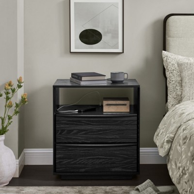 SKRAN Mid Century Nightstand with Charging Station & Outlet Hole & 2 Solid Wood Drawers,Farmhouse Dresser  with Open Shelf & Drawer