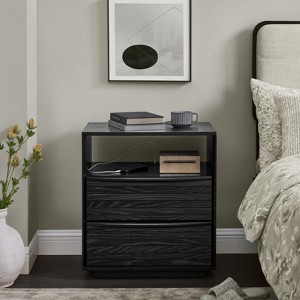 SKRAN Mid Century Nightstand with Charging Station & Outlet Hole & 2 Solid Wood Drawers,Farmhouse Dresser  with Open Shelf & Drawer - 1 of 4