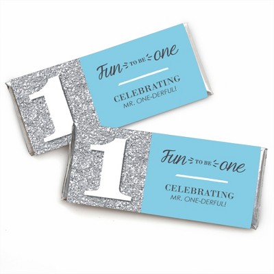 Big Dot of Happiness 1st Birthday Boy - Fun to be One - Candy Bar Wrappers First Birthday Party Favors - Set of 24