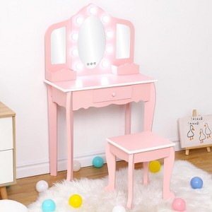 Kids Vanity Set with 3 Mirrors and Drawer, Makeup Play Table for Girls, Lights & Wooden Makeup Playset - 1 of 4