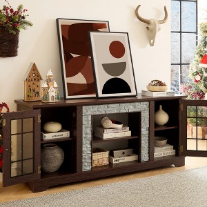 Hrinhom 58.3"W Modern TV Stand with Storage Space, Faux Stone 2-Door Media Console Cabinet-Cherry - 1 of 4