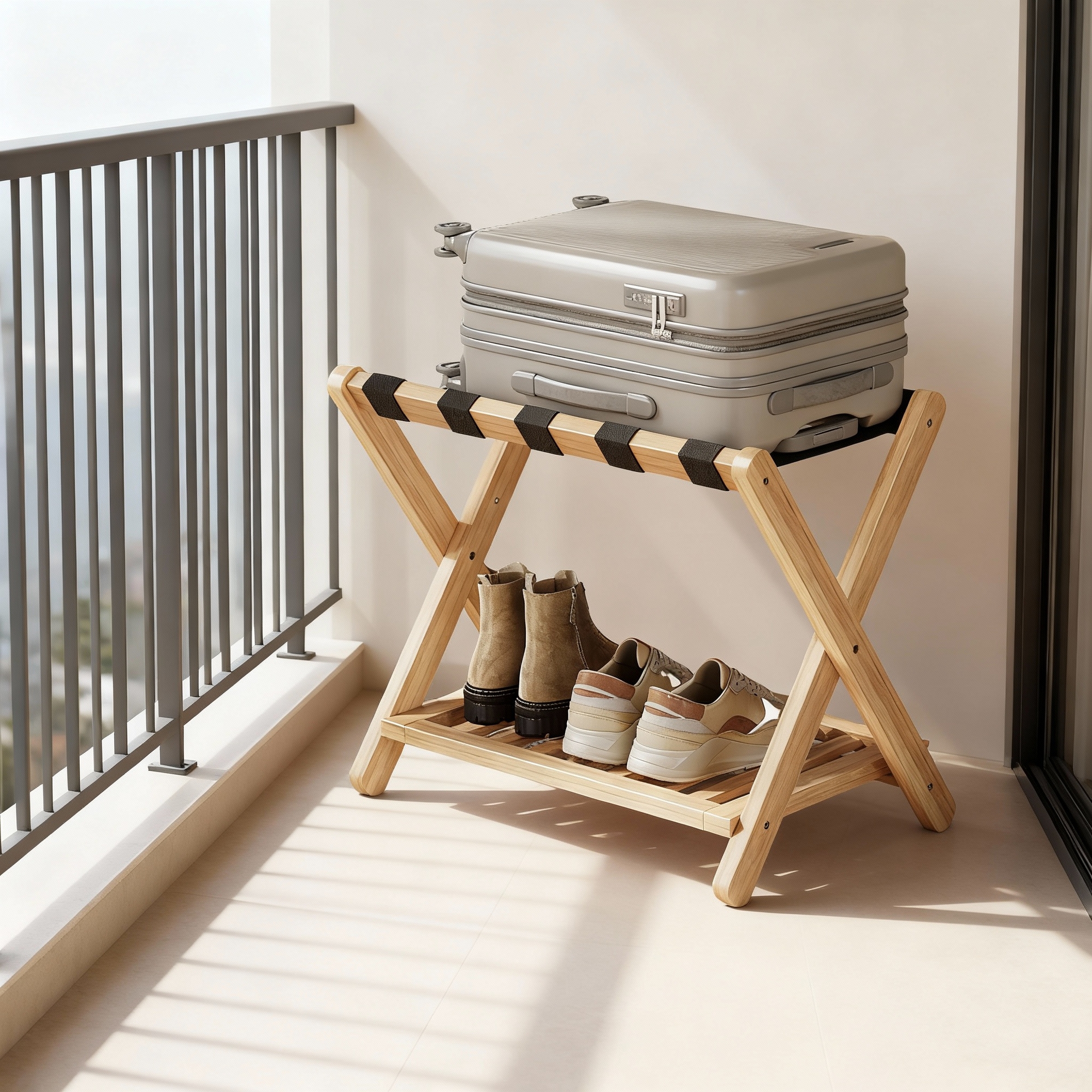 LEDREM Solid Wood Luggage Rack with Foldable Design and Storage Shelf, No Assembly Required Suitcase Stand for Guest Room Hotel Bedroom, Natural Beige