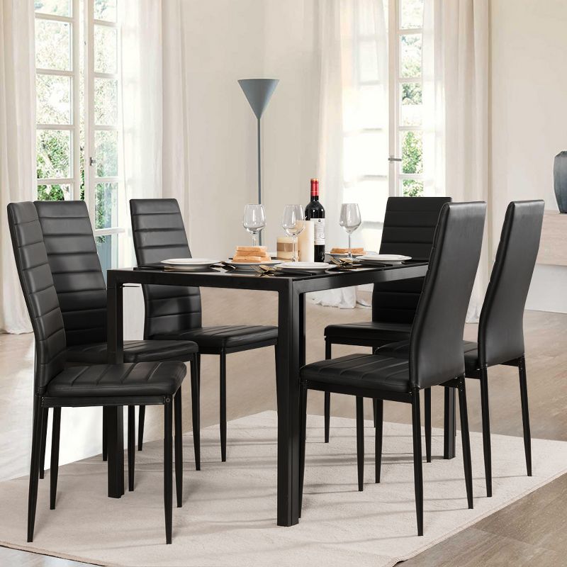 Costway 7 PCS Kitchen Dining Table Set Breakfast Furniture w/ Glass Top Padded Chair, 5 of 13
