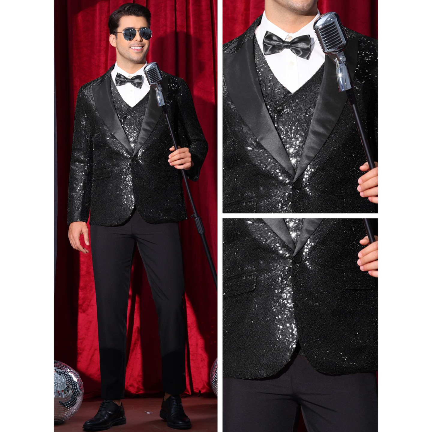 Мужские пиджаки Lars Amadeus Peak Lapel Glitter Sequin Wedding Sparkly Blazers Black, цвет: Чёрный — фото 4