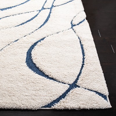 Cream and Blue Hand-Knotted Shag Runner Rug