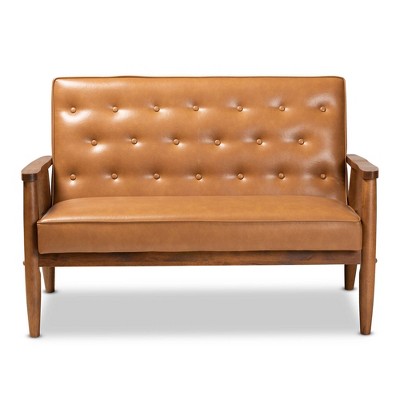 Tan Faux Leather Walnut Brown Wood Loveseat