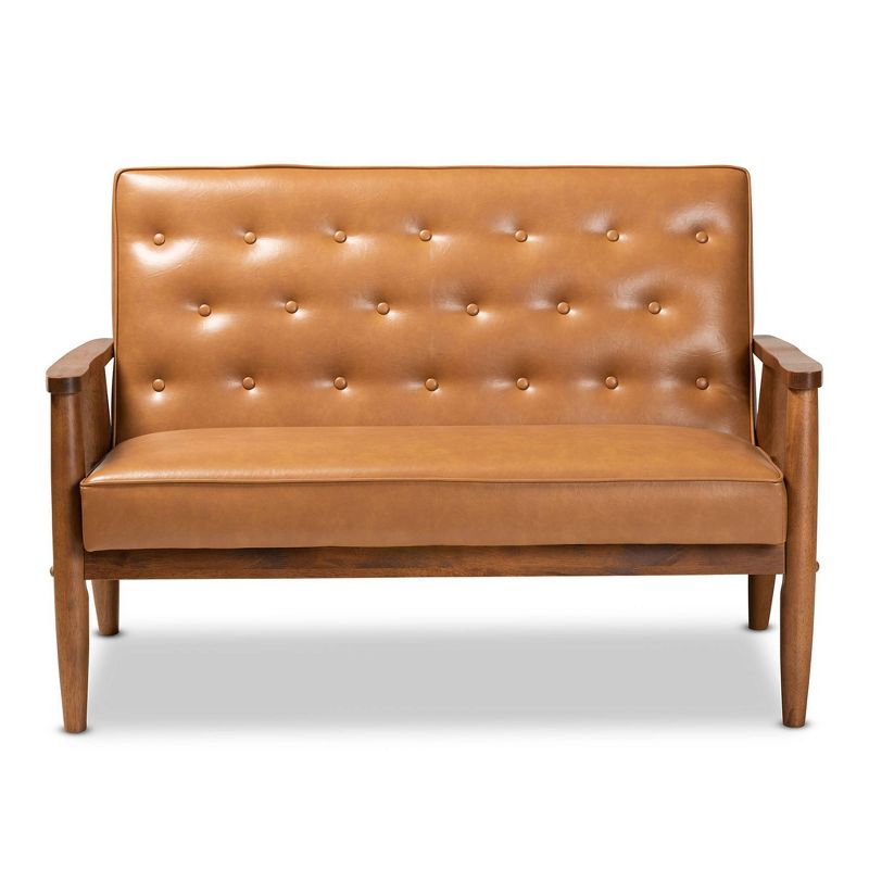 Sorrento Mid-Century Faux Leather Upholstered Wood Loveseat Walnut/Brown - Baxton Studio, 3 of 10