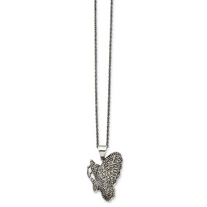 Black Bow Jewelry Marcasite Butterfly Necklace in Antiqued Stainless Steel, 20 Inch - 1 of 4