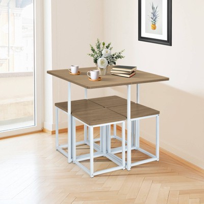 Natural Wood and White Compact Dining Table Set with 4 Stools