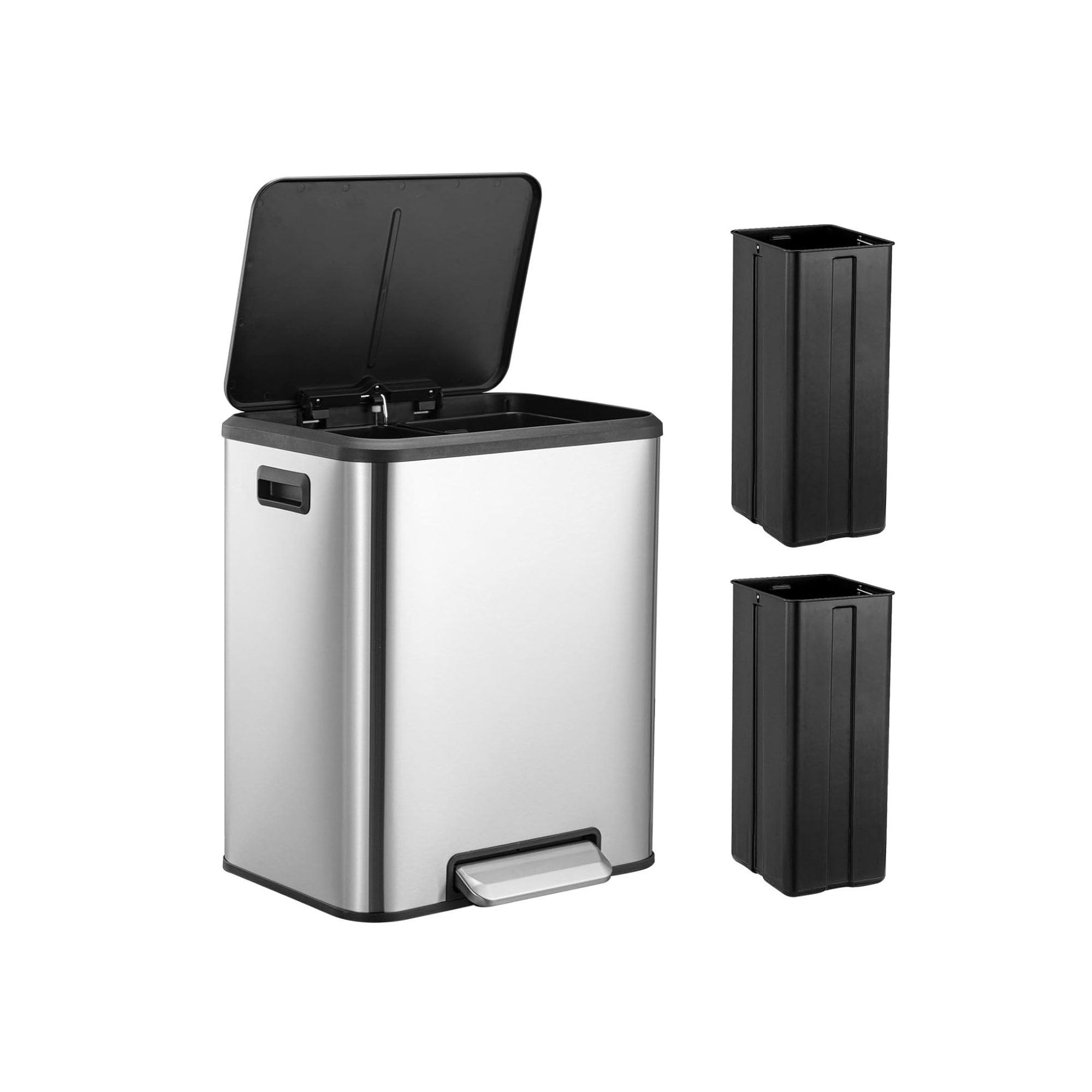 Kitchen Dual Trash Can and Recycling Bin, 2 x 4 Gallon Stainless Steel Trash Can, 30 Liter, Removable Inner Bin and Soft Close Lid, Suitable for Home